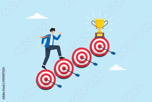 Flat illustration of businessman climbing stairs made of target icons toward trophy goal career success achievement progress and performance growth strategy