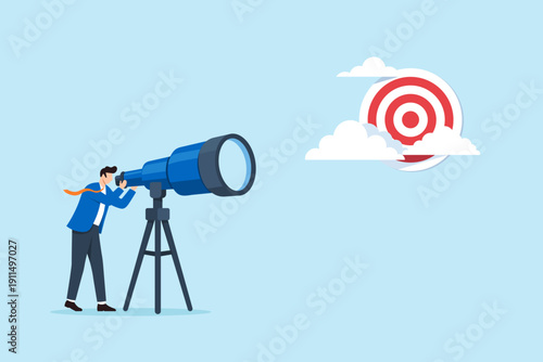 Flat illustration of businessman adjusting telescope lens to focus on target bullseye behind clouds strategic vision goal clarity future planning and business direction