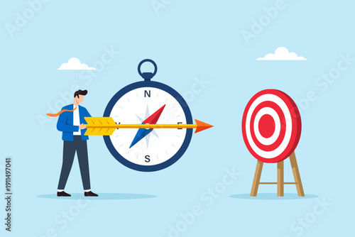 Flat illustration of businessman aligning arrow with compass to aim at target bullseye strategic direction focus precision planning and business goal accuracy