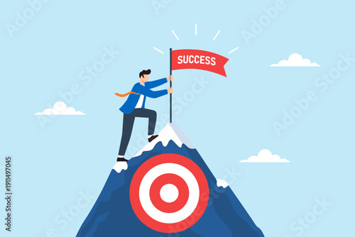 Flat illustration of businessman placing success flag on top of mountain with target symbol goal achievement and career milestone accomplishment
