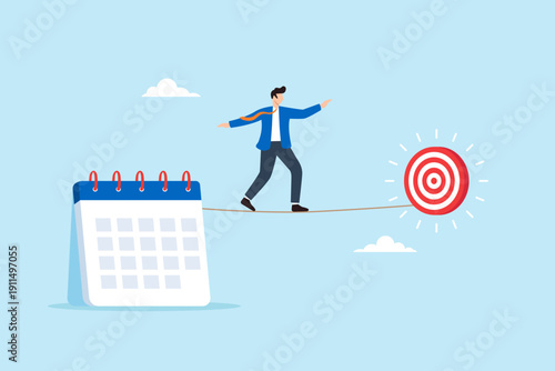 Flat illustration of businessman walking tightrope over calendar to reach target deadline pressure time management strategic planning and goal execution