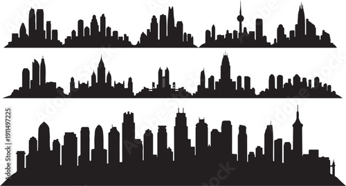 City Skyline Silhouettes in Black and White Background