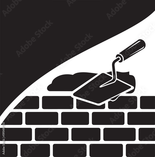Construction masonry concept with bricklayer trowel tool applying mortar cement on wall bricks for house building renovation architecture