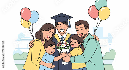 Family Celebrating Graduation with Balloons and Flowers.