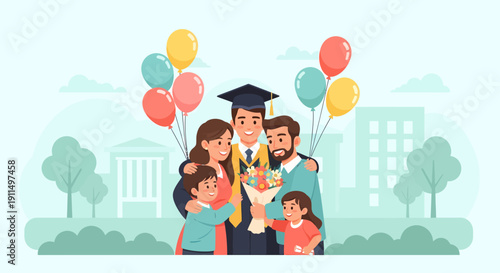 Graduate Celebrating with Family and Balloons.