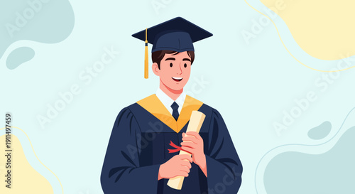 Graduate in Gown and Mortarboard Holding Diploma.