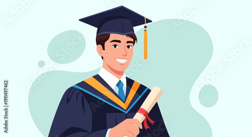 Graduate in Cap and Gown Holding Diploma.