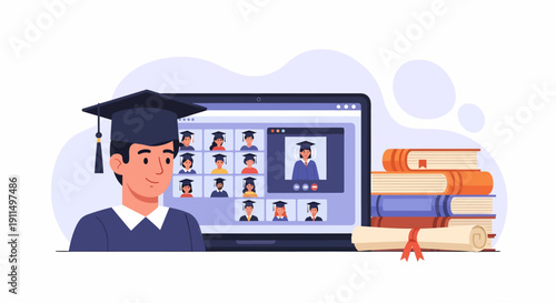 Graduate Man Video Conferencing on Laptop.