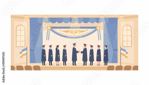 Graduates in Robes Receiving Diplomas on Stage.