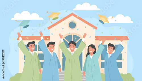 Graduates in Robes Celebrating with Diplomas.