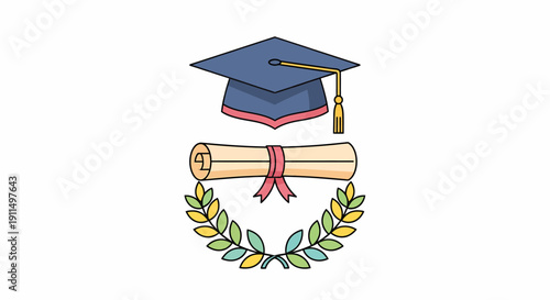 Graduation Cap and Diploma with Laurel Wreath.