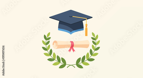 Graduation Cap and Diploma with Laurel Wreath.