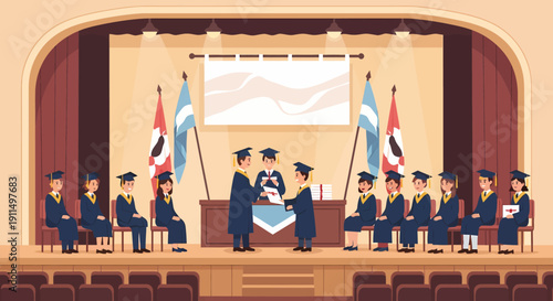 Graduation Ceremony Illustration with Graduates and Faculty.