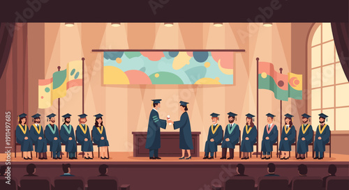 Graduation Ceremony Illustration with Graduates and Faculty.