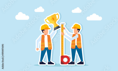 Engineer measuring height of another engineer holding trophy illustration of analyzing competitor advantage