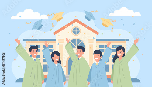 Students Celebrating Success Outside School Building.