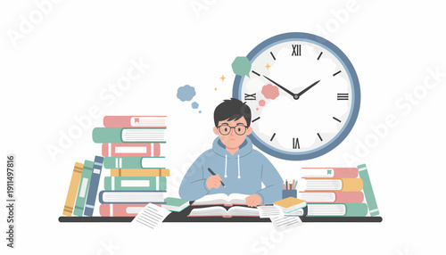Student Studying with Clock and Books.