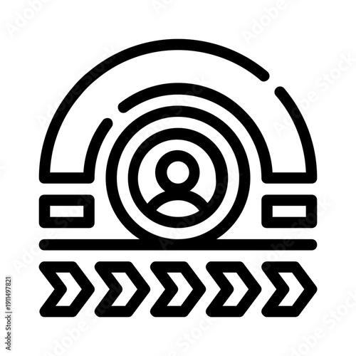 Person standing in an arc with six arrows pointing towards them. Suitable for business, teamwork, goal setting, and success concepts.
