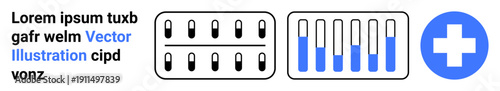 Pills in blister packaging, dose tracker with blue levels, and healthcare cross icon. Ideal for medicine, pharmacy, dosage management, healthcare, medical research, clinical trials simple landing