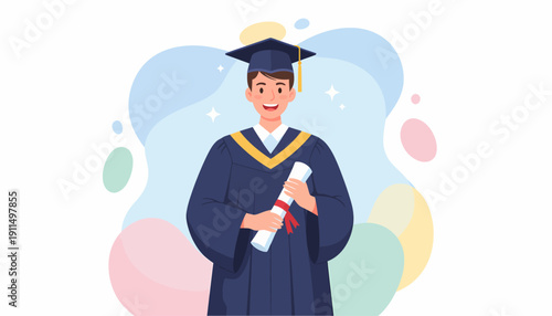 Young Graduate in Gown Holding Diploma.