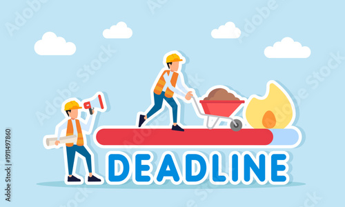 Supervising engineer using megaphone giving instructions to team moving on deadline progress bar illustration of hard work to achieve project target under time pressure