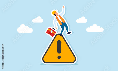 Engineer slipping and almost falling from warning sign illustration of poor attention in proper risk management