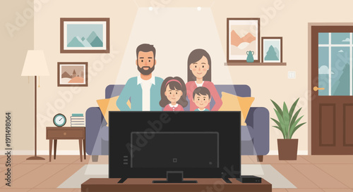 A happy family enjoys a cozy movie night together in their living room, watching an animated film, depicted in a clean and modern flat design style. 