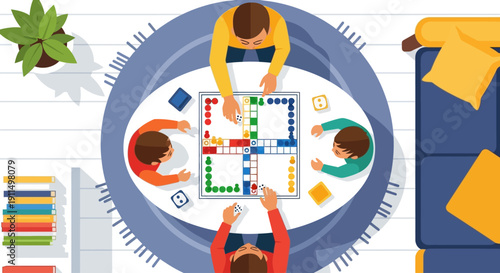 A multi-generational family gathers around a coffee table, engrossed in a strategic board game, presented in a vibrant flat design style. 