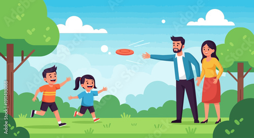A happy family enjoys an active day out, playing frisbee together in a sunny park, rendered in a cheerful flat design style. This illustration embodies outdoor fun and family health.