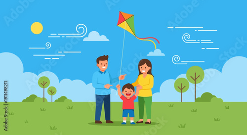 A family enjoys a thrilling outdoor adventure, flying a vibrant kite together in a breezy park, rendered in a dynamic flat design style. 
