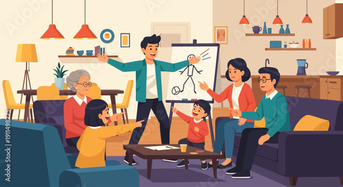A multi-generational family enjoys a lively game of charades, filled with laughter and interaction, presented in a cheerful flat design style. 