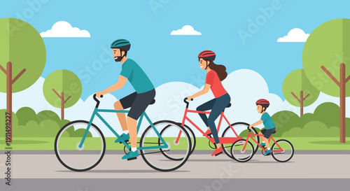 A family enjoys a healthy and active day out, cycling together on a scenic path in a lush park, rendered in a dynamic flat design style. 