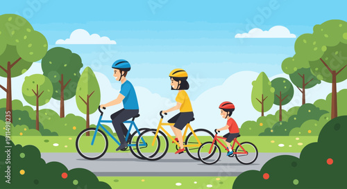 A family enjoys a healthy and active day out, cycling together on a scenic path in a lush park, rendered in a dynamic flat design style. 