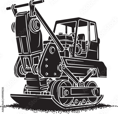 Heavy duty compactor machine with tracks compacting soil and gravel on construction site for road building and infrastructure development