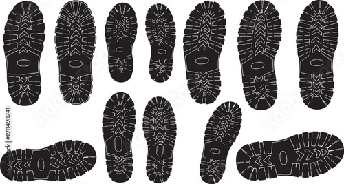 Collection of various shoe sole prints on white background