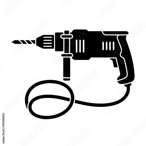 silhouette of a classic corded power drill. Featuring an artistically curved power cable at the base, this icon represents high-performance industrial tools and reliable workshop equipment