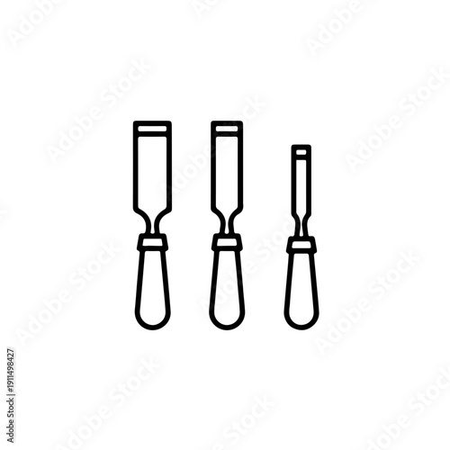 silhouette featuring three wood chisels of varying blade widths—wide, medium, and narrow—arranged in a symmetrical row. Ideal for representing professional toolkits and woodworking precision