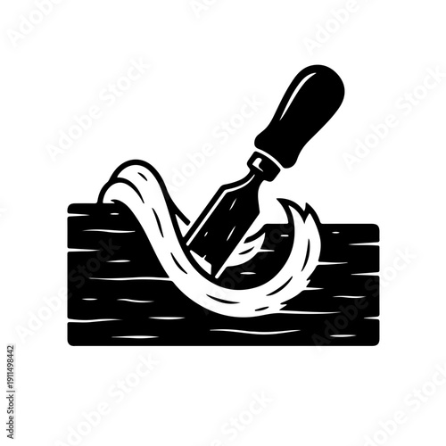 icon depicting a chisel tip biting into a wood block, complete with a delicate wood shaving curl. A perfect symbol for sculpture, fine woodworking, and artistic craftsmanship