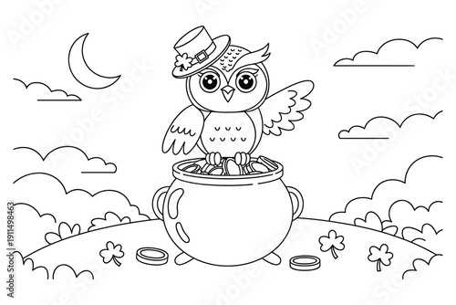 Cute cartoon owl wearing a leprechaun hat sits on a pot of gold coins, St. Patrick's Day illustration.