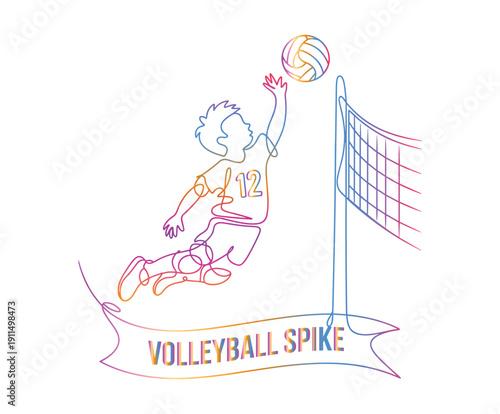 Volleyball player in mid-air spiking ball over net with colorful line style sport spike.