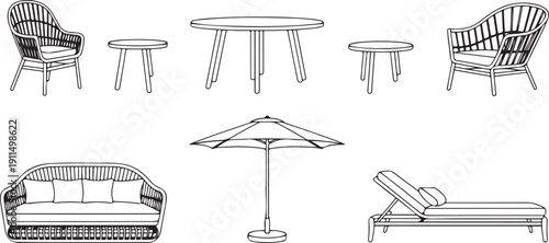 Patio furniture line art drawing Set. Outdoor, porch zone, garden yard interior elements, rattan armchairs, tables, daybed, umbrella, sunbed isolated.one line icon illustration with white background