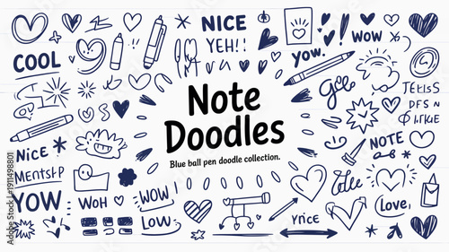 A colorful hand drawn collage of doodles including hearts stars pencils and handwritten words like note and cool on lined paper high quality professional detailed modern