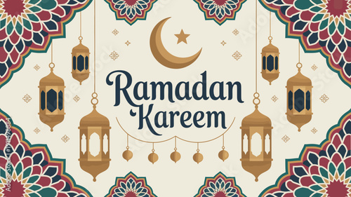 A vibrant ramadan kareem greeting features a golden crescent moon star ornate lanterns and a detailed floral patterned background high quality professional modern elegant stylish clean