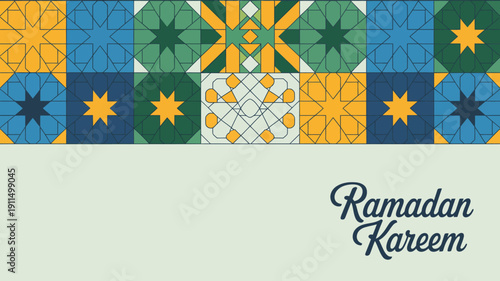 An ornate geometric islamic pattern in shades of blue green and yellow adorns the top portion of the image alongside the text ramadan kareem high quality