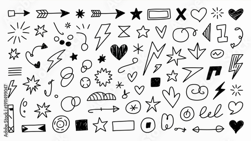 A collection of hand drawn black and white doodles featuring arrows stars hearts lightning bolts and various abstract shapes high quality professional detailed modern elegant stylish