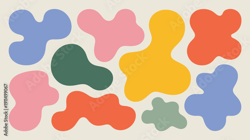An abstract composition features irregularly shaped colorful blobs arranged against a plain off white background creating a playful design high quality professional detailed modern elegant stylish