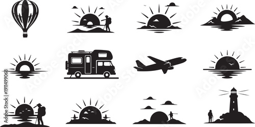 Travel and adventure icons in black and white silhouettes