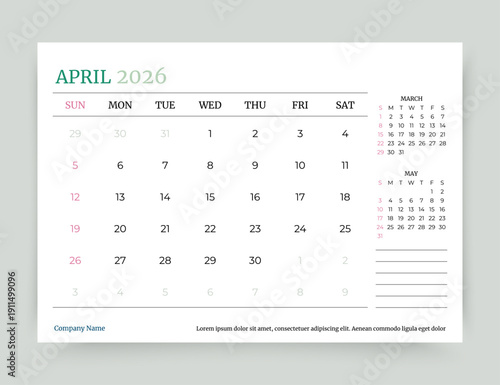 April 2026 year calendar. Planner calender layout. Desk monthly organizer. Timetable template. Week starts Sunday. Table schedule grid. Corporate diary. Vector simple illustration. Paper size A5