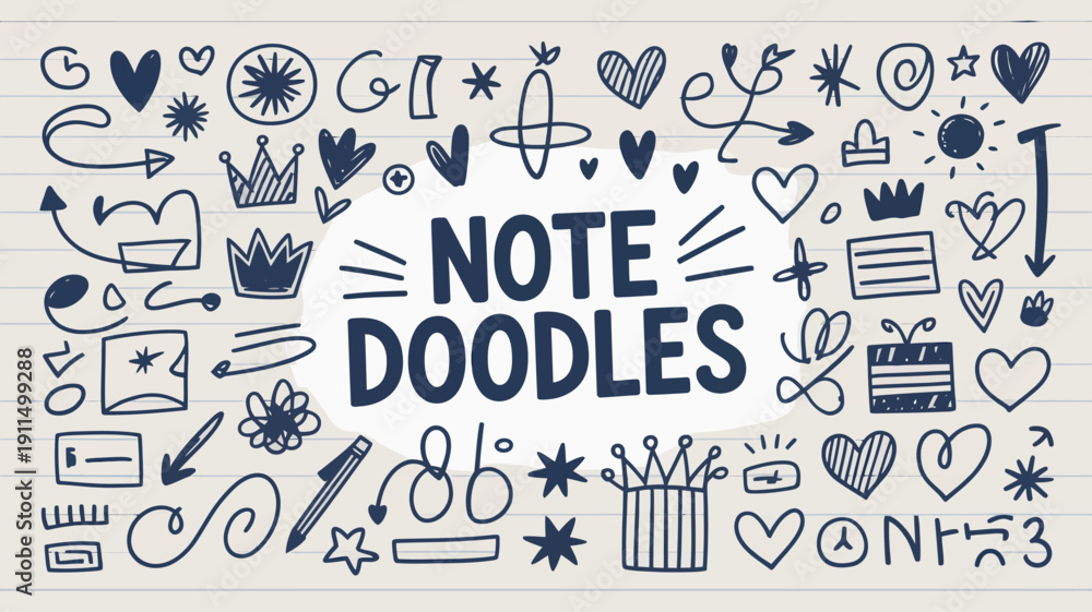 Obraz premium A playful composition of hand drawn doodles and whimsical sketches including hearts stars and the word note prominently displayed high quality professional detailed modern elegant stylish