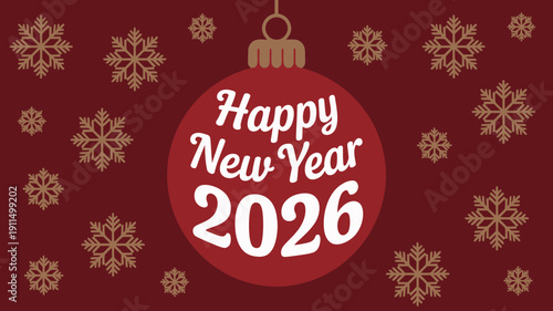 A vibrant red background showcases a festive christmas ornament displaying happy new year 2026 with scattered snowflakes high quality professional detailed modern elegant stylish clean crisp